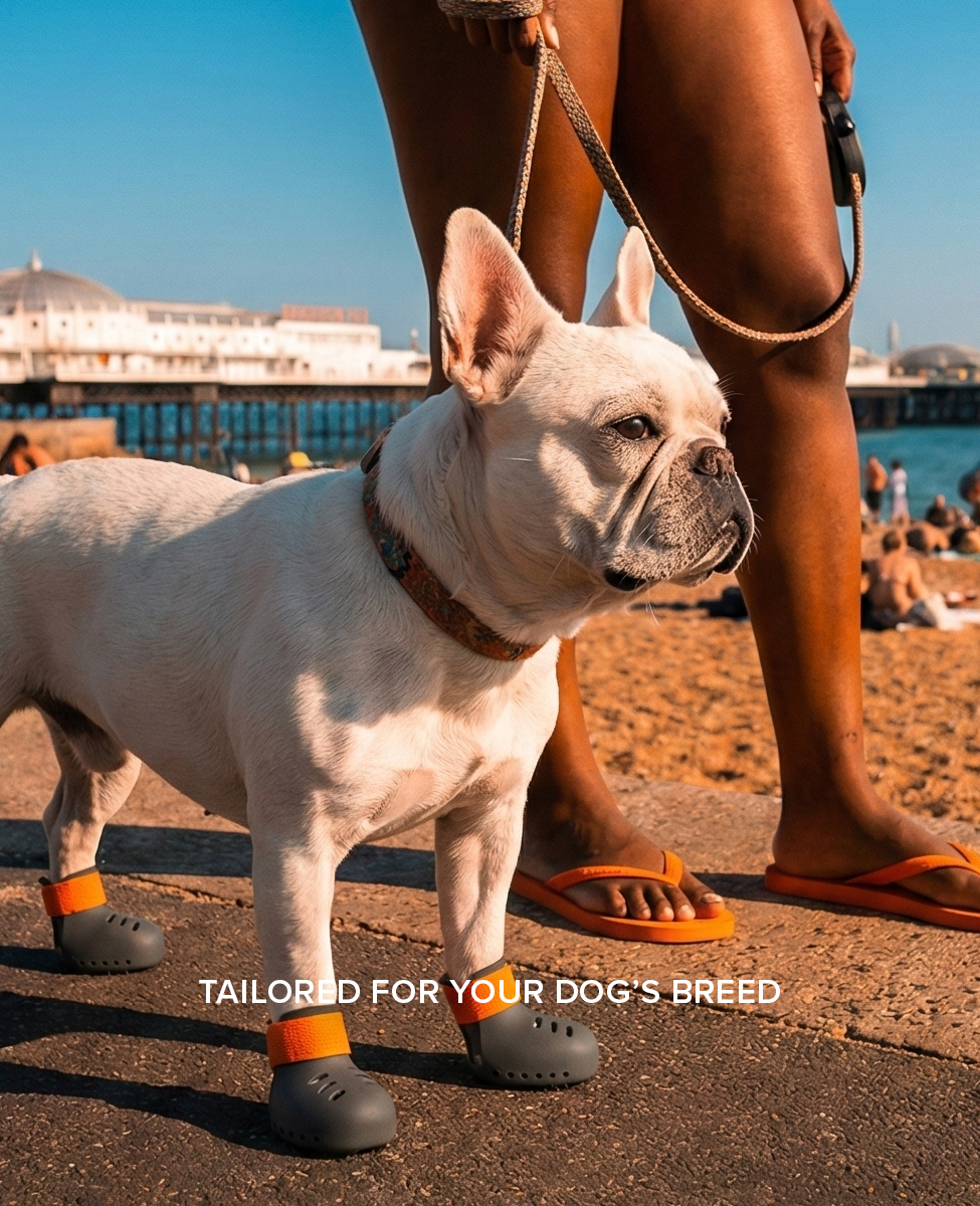 French bulldog wearing custom summer shoes on a beach