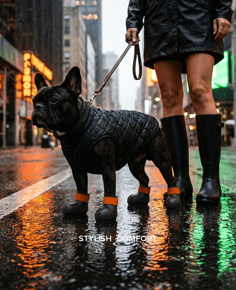 Person walking a french bulldog wearing custom dog shoes on in the rain with stylish rain gear.