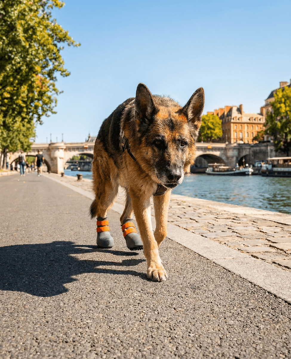 German shepherd wearing custom BARK & SOLE DM shoes
