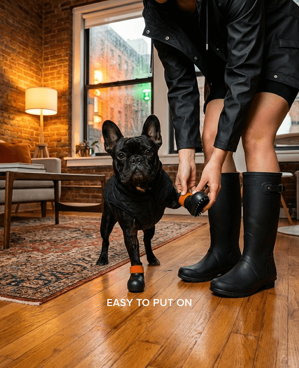 Person putting on BARK & SOLE custom winter dog shoes for a French bulldog