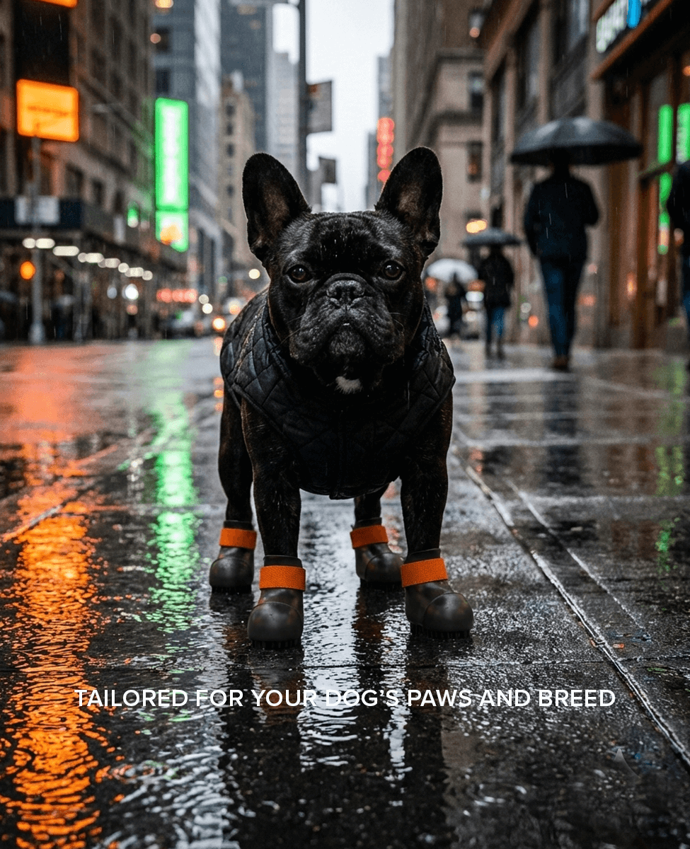 French bulldog wearing custom BARK & SOLE dog shoes on a city street with pedestrians and umbrellas.