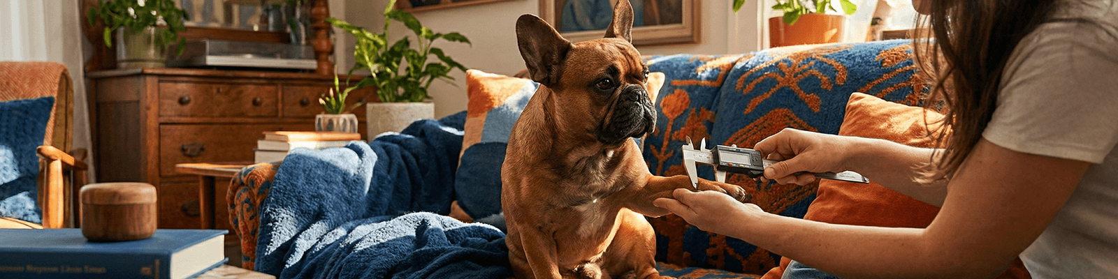 French bulldog taking measurements for custom dog shoes