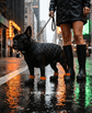 Person walking a french bulldog wearing custom dog shoes on in the rain with stylish rain gear.