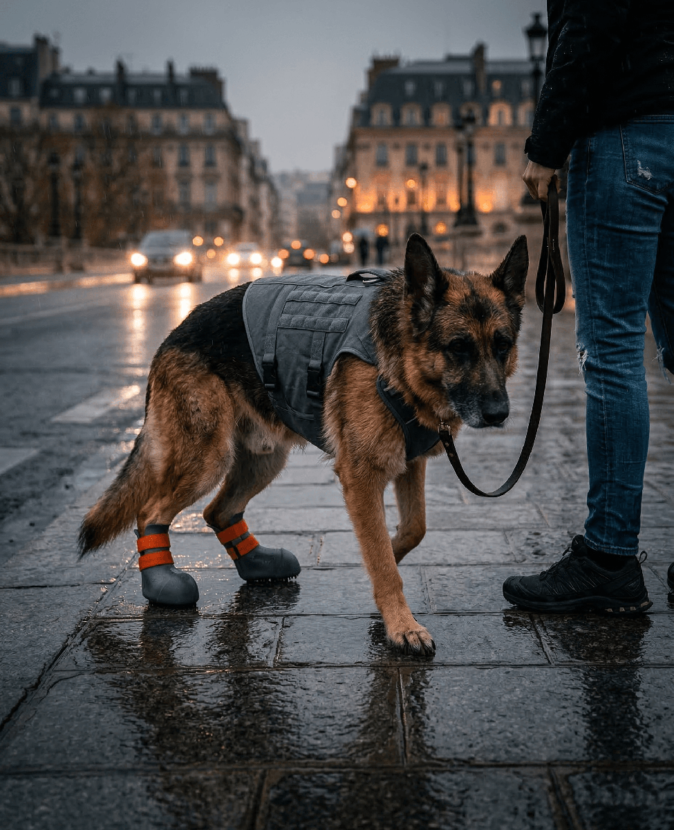 German shepherd wearing custom DM shoes