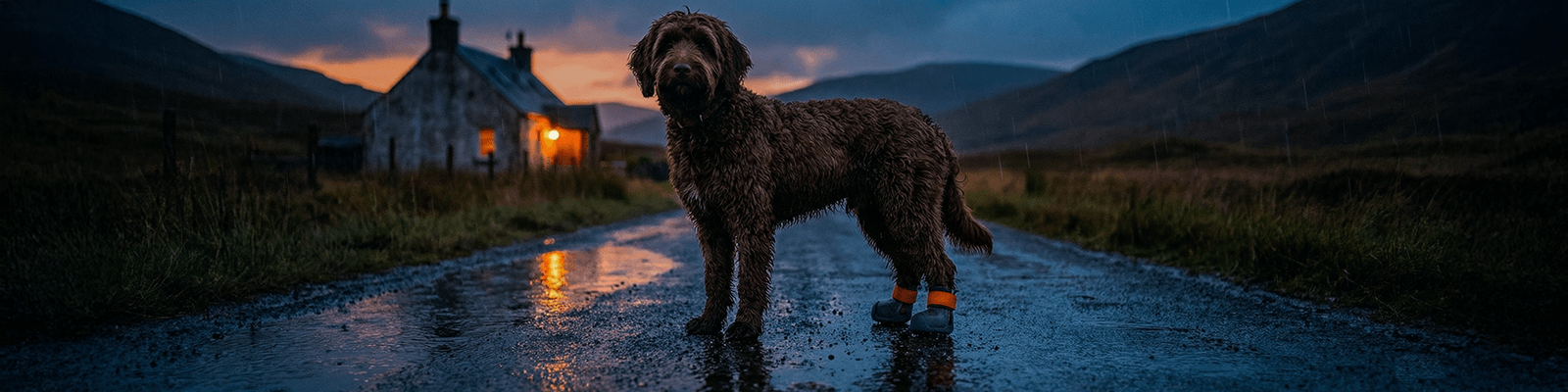 Labradoodle wearing custom BARK and SOLE dog shoes in Scotland