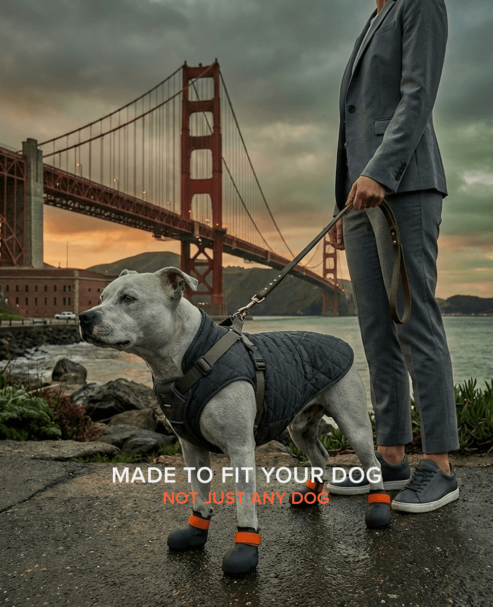 Staffy wearing custom BARK & SOLE dog shoes