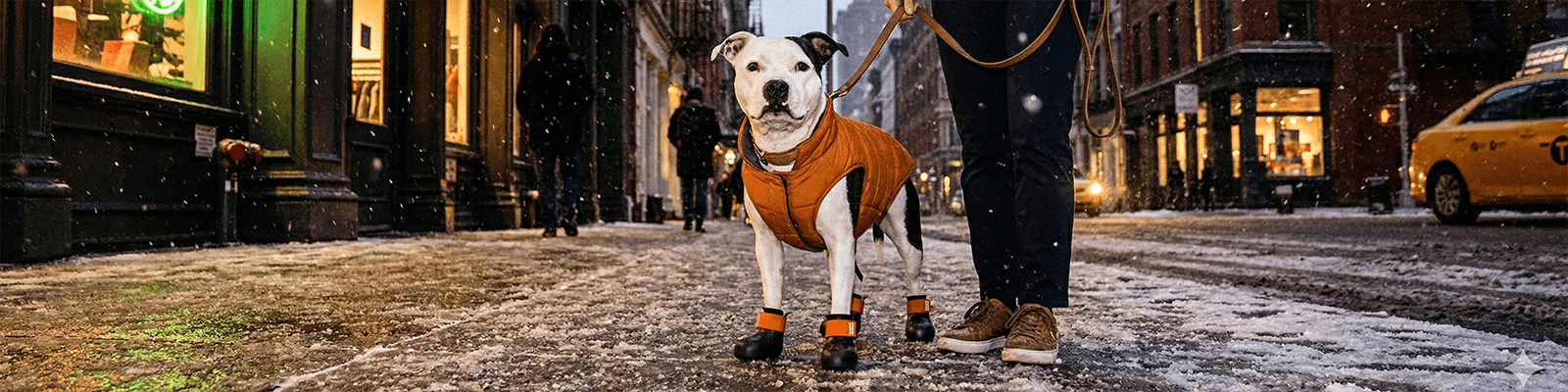 Staffordshire bull terrier wearing Bark & Sole custom dog shoes on a street