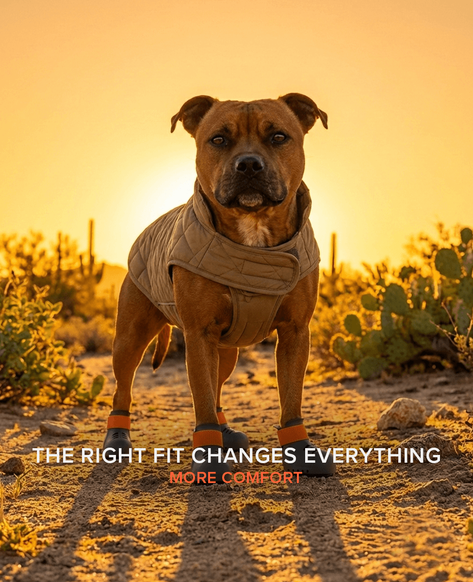 Staffy wearing custom dog shoes in desert
